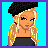 Pixel art contact sheet showing four frames of a female character with blonde pigtails, black crop top, and blue jeans against cyan background, including full-body view and partial views of clothing and text.