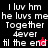 Pixelated text reads 'I luv hm he luvs me Together 4ever til the end' across four color blocks with a red star and black cursor icon.