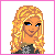 Pixel art of a blonde woman with curly hair in various poses, wearing a dark gray long-sleeve shirt with white patterns and blue jeans, with repeated 'shorty' text in pink and cyan.
