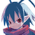 Pixelated anime-style character icon with blue hair, red eyes, and pinkish skin wearing a purple-red garment against white background.