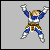 Pixelated character in blue and white armor with brown shoulder pads performs a sequence of dynamic poses against gray background, including raised arms, crouching stance, and energy blast.