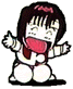 Pixelated cartoon girl with dark hair and red bow, wearing white top and brown vest, kneeling on gray background with arms raised in two distinct poses.