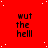 Red background with white speckles and repeated black text "wut the hell" in a pattern, partially obscured by gray rectangle