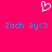 A static pixel art image with a bright pink background, featuring a white heart outline at the top and two identical blue text strings below.