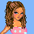 Pixel art of a woman in three poses holding blue shopping bags, wearing pink star-patterned top and white skirt with light blue accents.