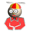 A cartoon character with a red and yellow cap, red shirt, bow tie, and gray face appears in multiple states including static poses and swirling motion.
