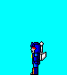 Pixelated character in blue armor with red accents and white wings walks left to right across cyan background, transitioning from standing to crouching.