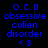 Blue pixelated text on black background with white rectangular overlays on specific text segments, including "O.C.D obsessive cullen disorder <3" repeated