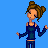 Pixel art of a woman with brown hair in a bun, wearing a dark blue off-shoulder top and dark pants, standing against a blue background with text "90 confused".