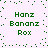 Green pixelated text 'Hanz Bananz Rox' arranged in three lines on a light purple background with scattered green dots forming a border.