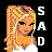 Pixelated cartoon-style icon of a blonde woman with long hair wearing a white top, next to vertical text "SAD" on black background.