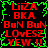 Red text on black background with green border, displaying repeated phrases including 'LiiZA', 'BKA', 'BuN BuN', 'LOvESZ', 'YEW !!' in pixelated font.