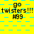 Yellow background with cyan checkered pattern, repeated text "go twisters!!! H99" in black pixelated font across three