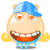 Pixelated cartoon character with blue cap, orange eyes, wide grin showing teeth and tongue, yellow hair puffs, light blue limbs on gray background.