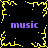 A black background features four purple 'music' texts and yellow pixelated border elements with a central starburst pattern.