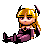 Pixel art character with blonde hair and small horns sits in a purple outfit, showing subtle pose changes across frames.