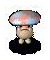 Pixelated character with mushroom cap, black shirt, and white collar in three distinct poses showing head and body movement.