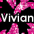 Pixelated image with pink floral background, white text "Vivian" and "ls", colorful gradient cloud, and a rainbow pendant on chain.