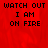 Red background with black pixelated text reading "WATCH OUT I AM ON FIRE" in three lines, displayed across multiple
