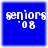 Blue square icon with white pixelated text 'seniors' above ''08', each frame shows identical static content.
