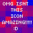 Pixelated text and emoticon on a purple and blue checkered background with red accents.