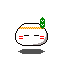 Pixelated character with white rounded body, orange dotted headband, red side marks, green cactus on top, blue tears streaming down face