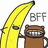 Pixelated yellow banana with brown stem holds a brown mug with white checkered pattern, next to gray 'BFF' text on white background.