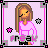 Pixel art contact sheet showing two animated frames of a cartoon girl with long brown hair wearing pink pajamas, standing in front of a light purple background with pink vertical lines and gray corner accents.