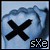 Two side-by-side pixelated images of a light blue fabric background with black X symbols and text reading 'sxe' in the bottom corners.