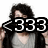A person with dark curly hair wears a gray V-neck shirt and black jacket, with a black-and-white graphic overlay showing '<333' in the top-left view.