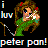 Pixelated icon of a character in green attire holding a bow, with text reading 'i luv peter pan!' on black background.