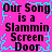Pixelated text repeats 'Our Song is a Slammin Screen Door' on bright pink background with cyan glitch effect.