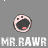 Pixelated circular icon with pink border, black interior, and red tongue detail; repeated text "MR.RAWR" below in white block letters on gray background.