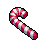 Pixel art candy cane with red and white diagonal stripes, black outline on solid gray background.