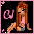 Pixel art contact sheet showing two frames of an animated AIM buddy icon featuring a cartoon girl with long brown hair, pink top, and gray shorts against black background with pink stars and @ symbol.