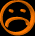 Orange pixelated icon with sad expression showing three views: front, side, and back on black background.