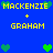 Blue background with yellow text reading "MACKENZIE + GRAHAM" and green heart symbols in pixelated style.