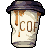 Pixelated image of a coffee cup with dripping liquid, dark lid, and partial text 'COF' on the side.
