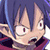 Pixelated static image of a cartoon character with spiky purple hair, wide eyes, and an open mouth showing teeth, wearing a red garment against a dark blue background.