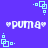 Pixelated blue background with repeating white 'puma' text and light blue square-dot patterns in four corners.