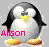 Pixelated penguin icon with white belly, black wings and head, yellow beak, orange feet, pink text 'Alison' below, gray background with scattered light pixels.