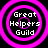 Four circular icons with pink concentric rings and white text reading 'Great Helpers Guild' on black backgrounds.
