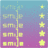 Pixelated yellow character with black pattern, smiling face on gradient purple-blue background with stars and faint text
