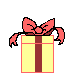 Animated sequence of a yellow gift box with brown ribbon and red bow, showing opening motion against gray background.