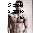 A pixelated image of a shirtless man with text above him, showing two states: three 'Sizzle!' repetitions and one 'Baked!' repetition.