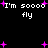 Black background with white pixelated text reading "I'm soooo fly" repeated twice, surrounded by scattered pink plus signs.