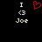 Pixelated text and symbols on black background: 'I', '<3', 'Joe' on left; 'I', '<3', 'Joe' on right with red heart symbol above center.