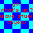 Pixelated text in red on a blue and cyan checkered background with repeated phrases.