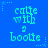 Blue background with repeating pixelated text 'catte w ith 2 bootie' in light green, surrounded by small star and dot patterns.