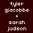 Pixelated text displays 'tyler giacobbe + sarah judson' across four color variations of red and dark brown backgrounds.